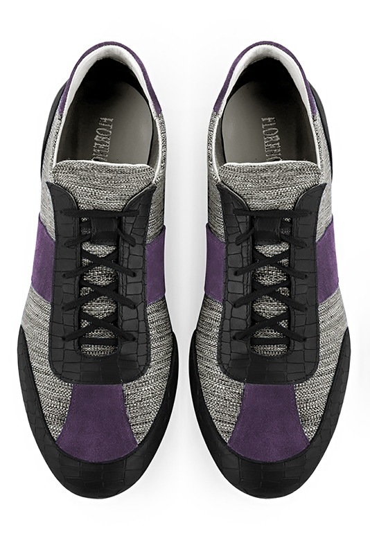 Satin black, ash grey and amethyst purple three-tone dress sneakers for men. Round toe. Flat rubber soles. Top view - Florence KOOIJMAN